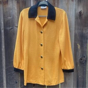 ST. JOHN By Marie Gray Knit Cardigan Jacket Gold Yellow Black Trim Collar 12